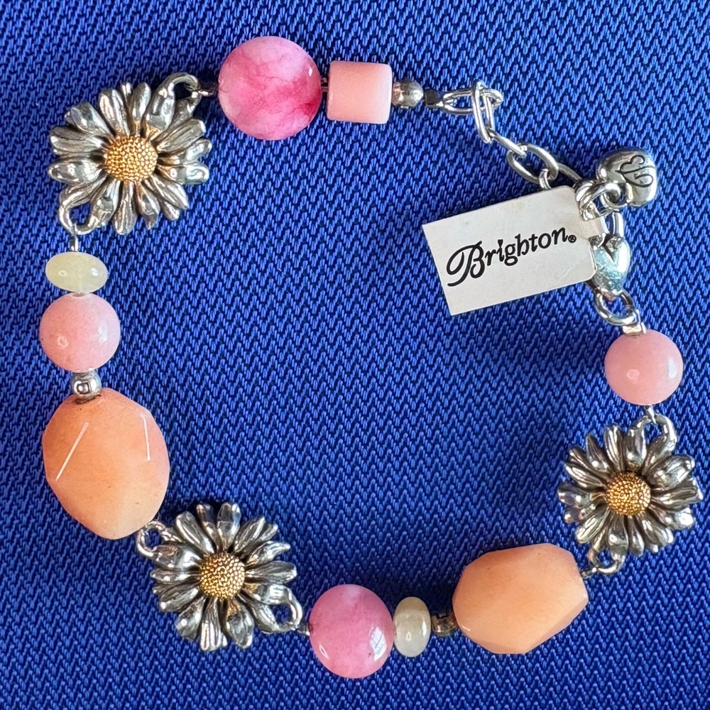NWT Brighton Daisy Pink Peach Beaded Bracelet Silver & Gold Flowers Heart Clasp